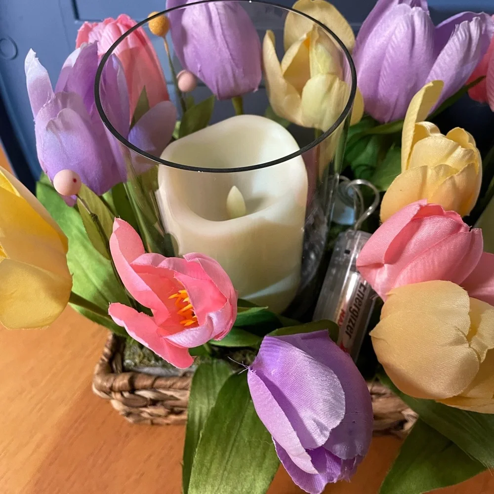 Woven Basket with Multicolor Tulip Arrangement